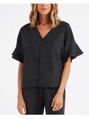 VETTA Romantic Capsule Flounce Sleeve Button-Up 100% Tencel Blouse medium black